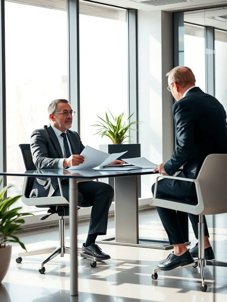 A professional executive in a modern office setting, engaged in a one-on-one coaching session with a leadership coach, discussing strategic goals and career development.