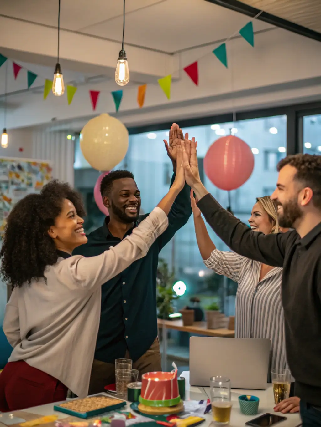 A team celebrating a successful project completion, showcasing effective teamwork and leadership, with a focus on achieving common goals.