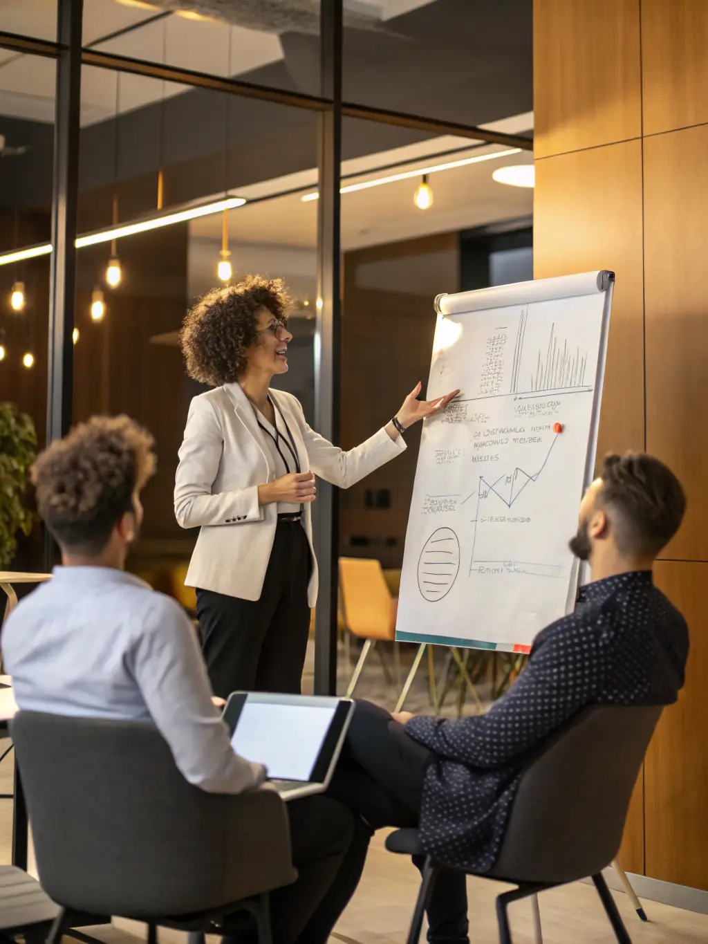 A coach leading a workshop on effective communication strategies for leaders in a co-working space in Bristol, UK.