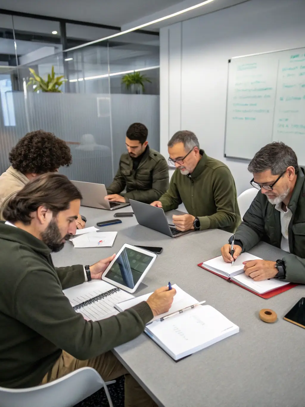 A diverse team of professionals participating in a leadership workshop in a bright, modern office space in Manchester, emphasizing collaboration and team building.