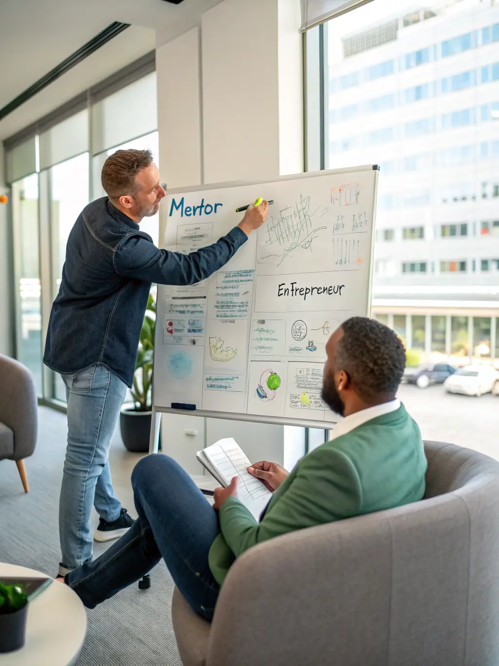 A coach guiding a leader through a decision-making process using visual aids in a modern office in Edinburgh, Scotland.
