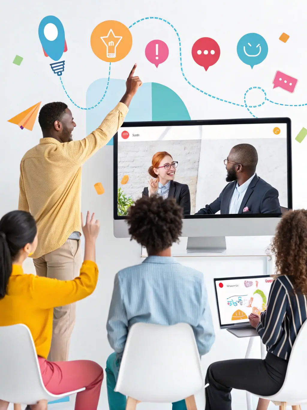 A diverse team of professionals participating in a leadership development workshop, engaging in collaborative problem-solving activities in a bright, modern conference room.