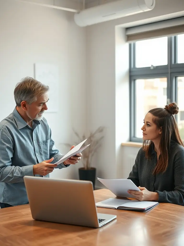 An executive coach providing feedback to a manager during a one-on-one session, with focus on improving communication skills and leadership presence.