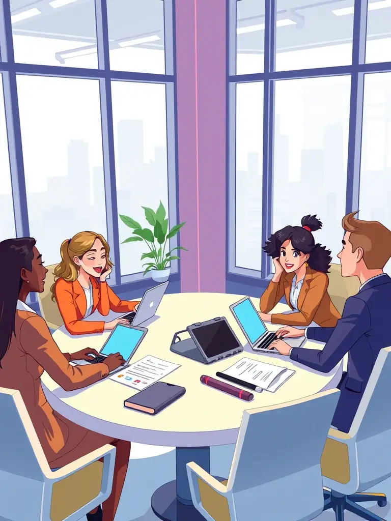 A diverse team of professionals participating in a leadership workshop, collaborating on a project, and learning effective communication techniques.