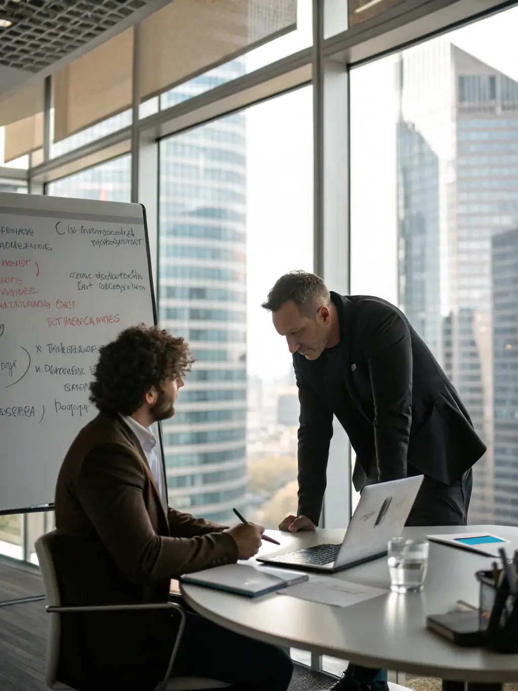 An image of a coach facilitating a strategic planning session with a senior executive in a modern London office, focusing on leadership development.