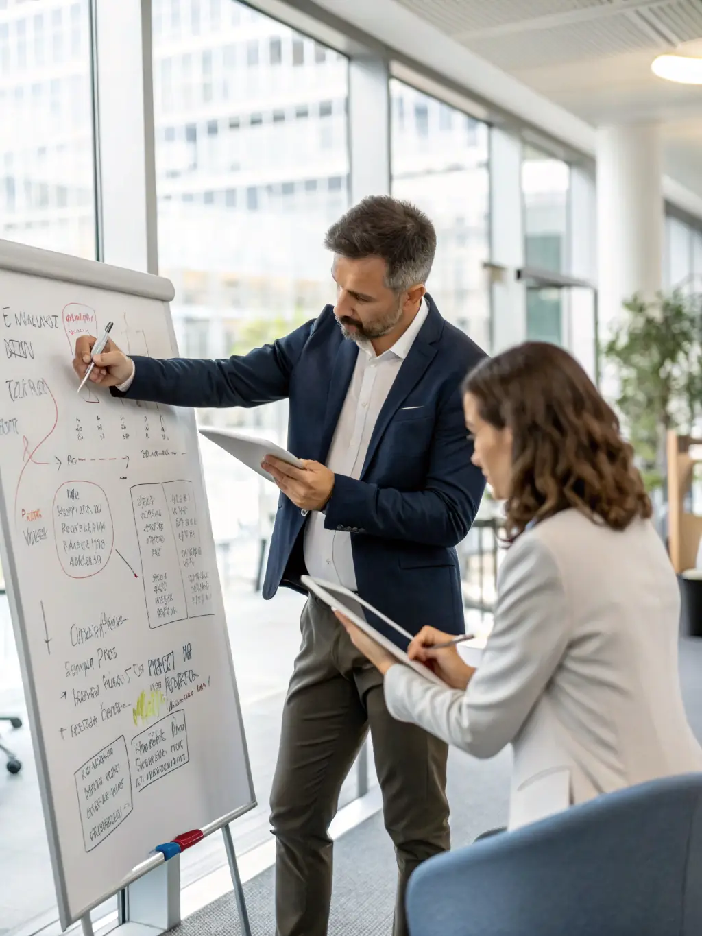 A professional executive coach in a modern office setting, guiding a senior manager through a strategic planning session, with London skyline visible in the background.